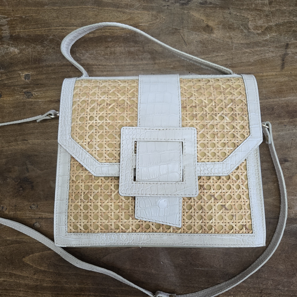 Elegant White and Tan Woven Crossbody Bag